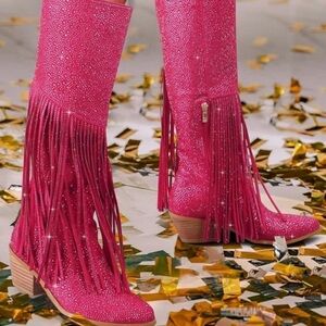 Amazon Pink Fringe Heeled Boots